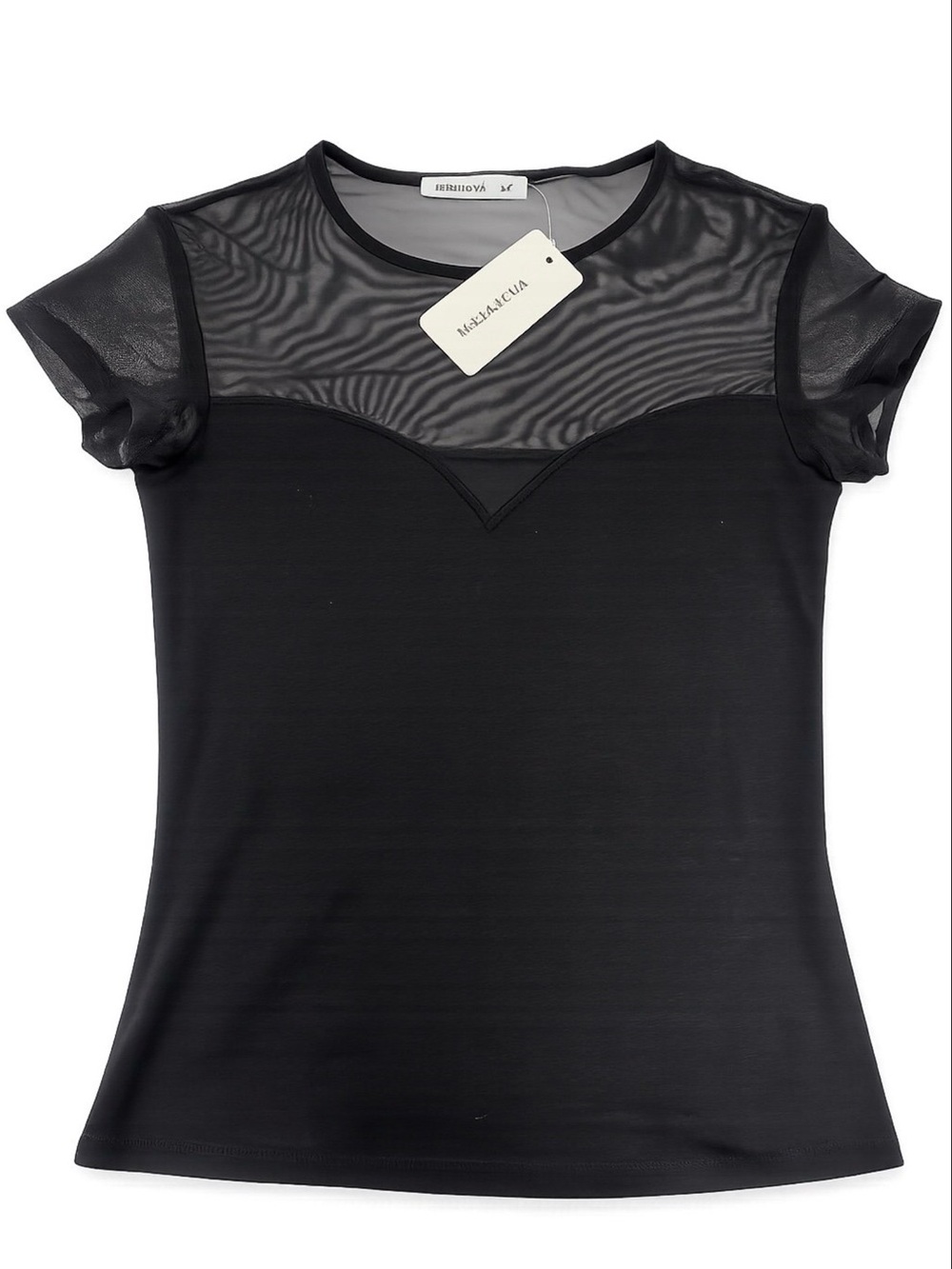 Terranova Black Mesh Sheer Yoke Short Sleeve Top Size M NWT
